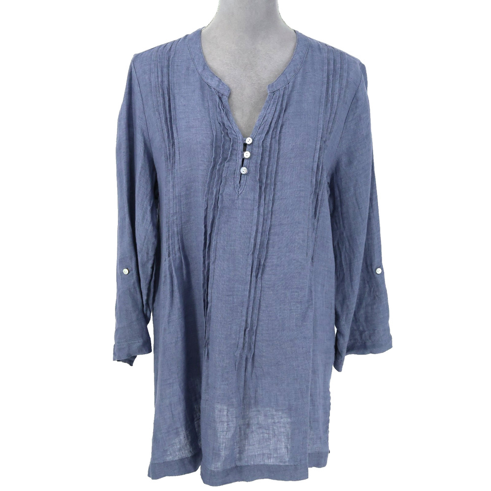 Cynthia Rowley Top Womens Large Blue All Linen Tunic Pleated Roll Tab Pullover